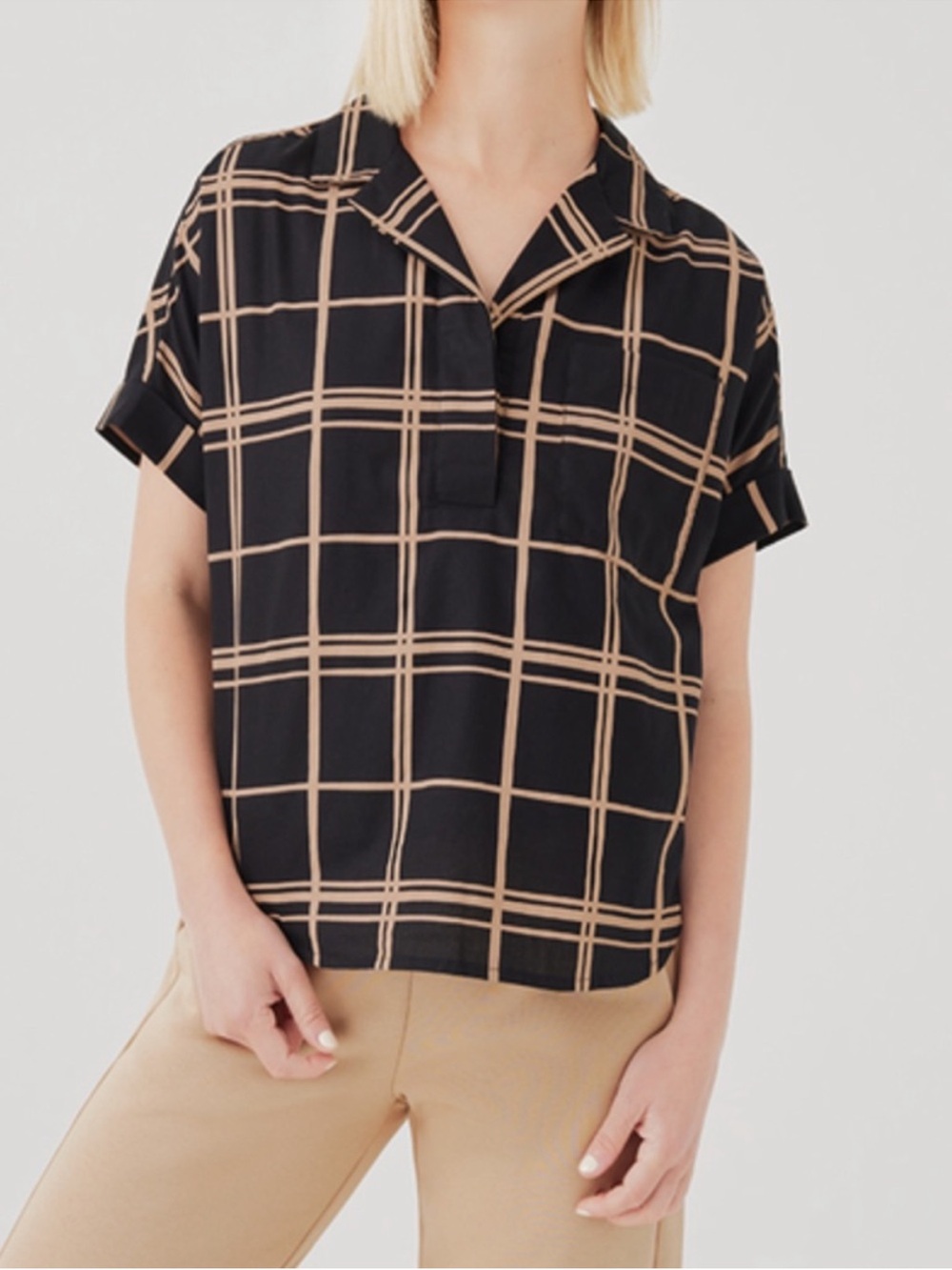 Pact 100% Organic Cotton Black Window Pane Sunset Light Gauze Popover Top Medium